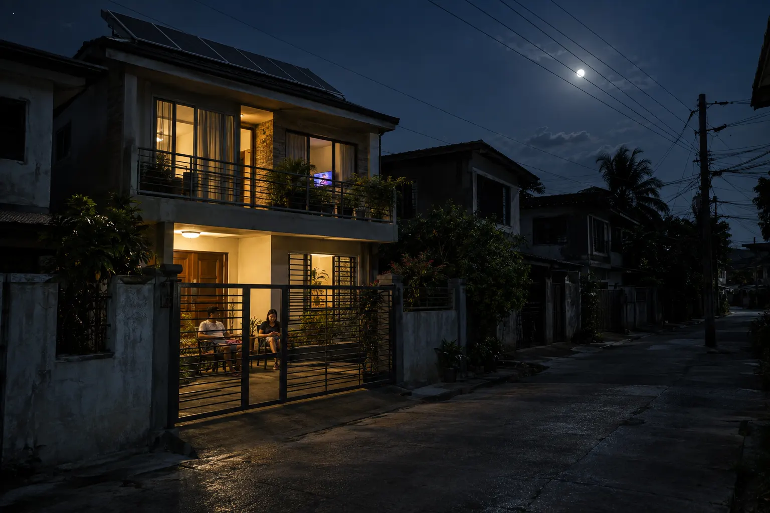 Illustrative: a solar-equipped home lit during a brownout